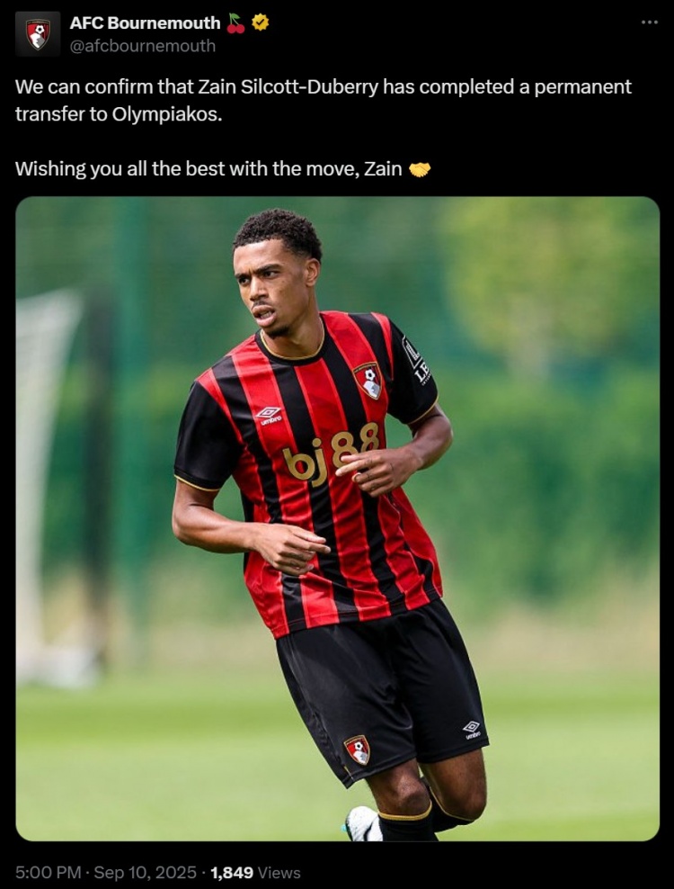 官方：伯恩茅斯20岁边锋杜伯里永久转会至奥林匹亚科斯